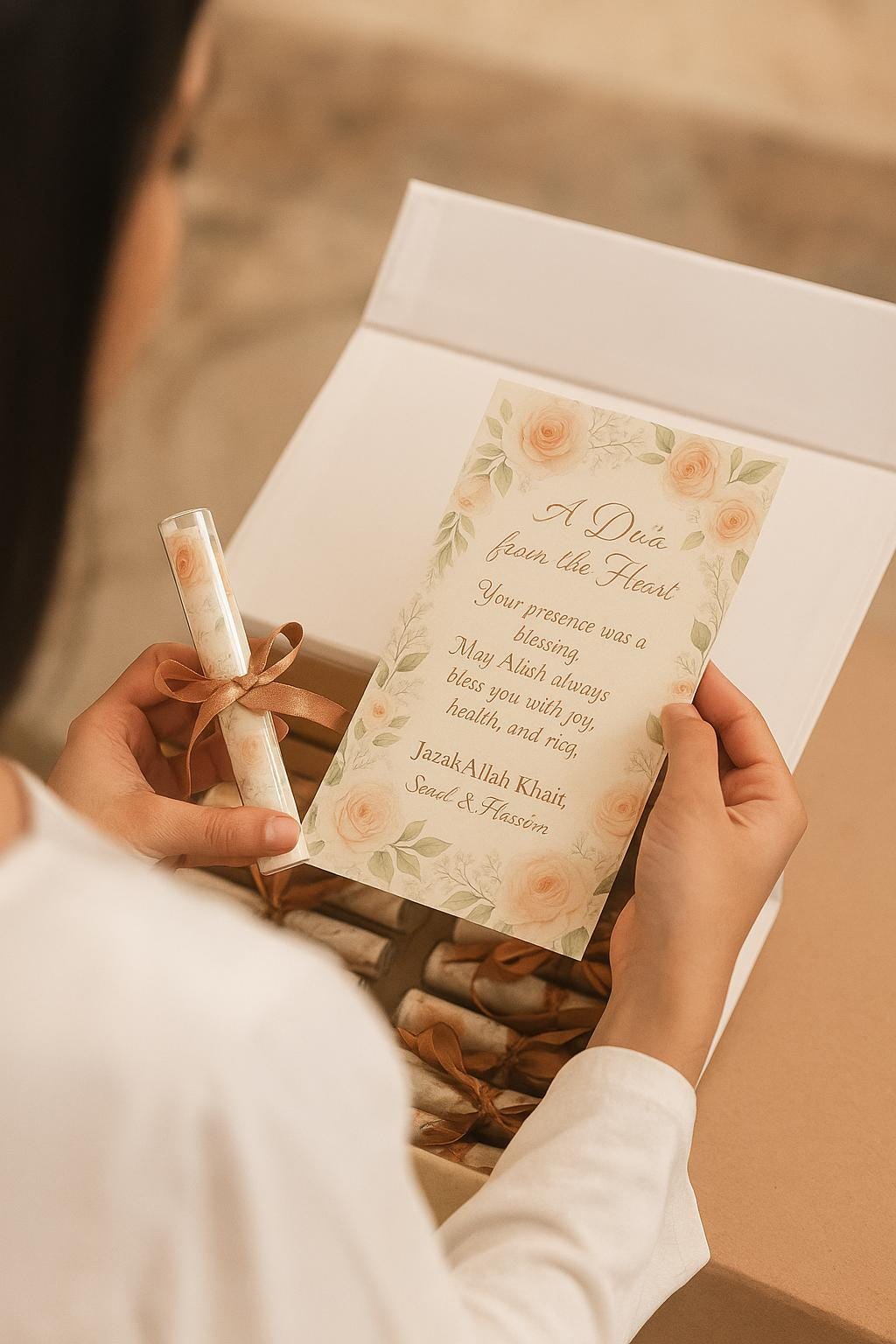 Islamic Wedding Favor: Du'a Scroll in Glass Tube with Ribbon
