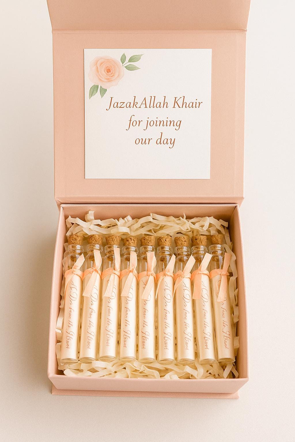 Islamic Wedding Favor: Du'a Scroll in Glass Tube with Ribbon