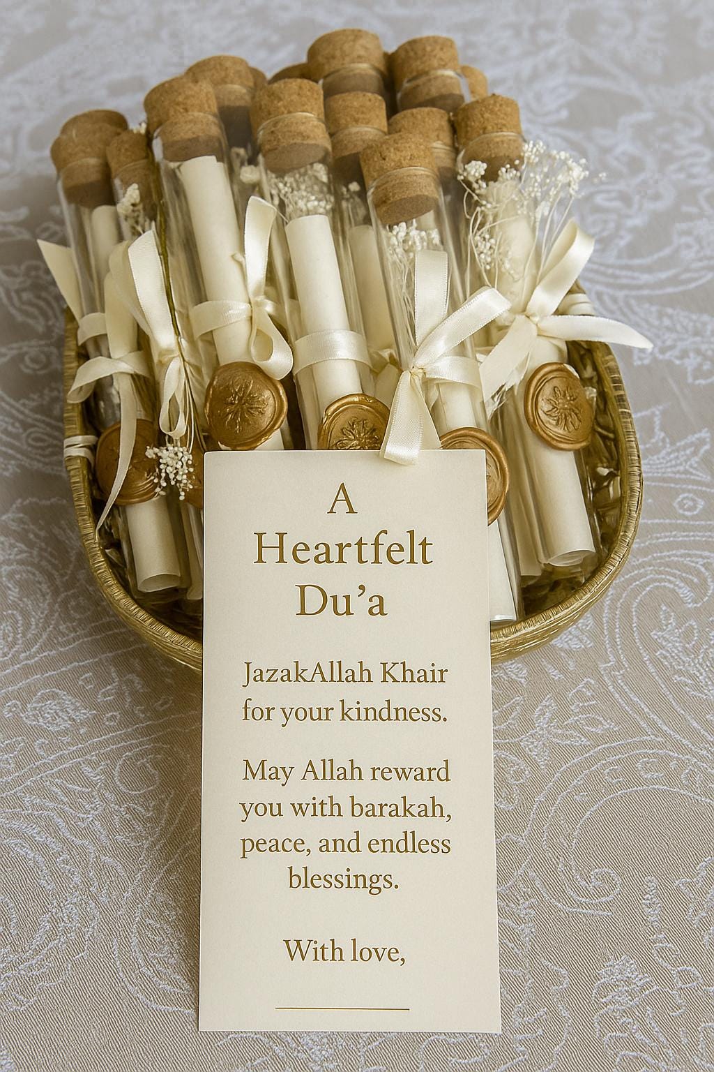 Islamic Wedding Favor: Du'a Scroll in Glass Tube with Baby's Breath