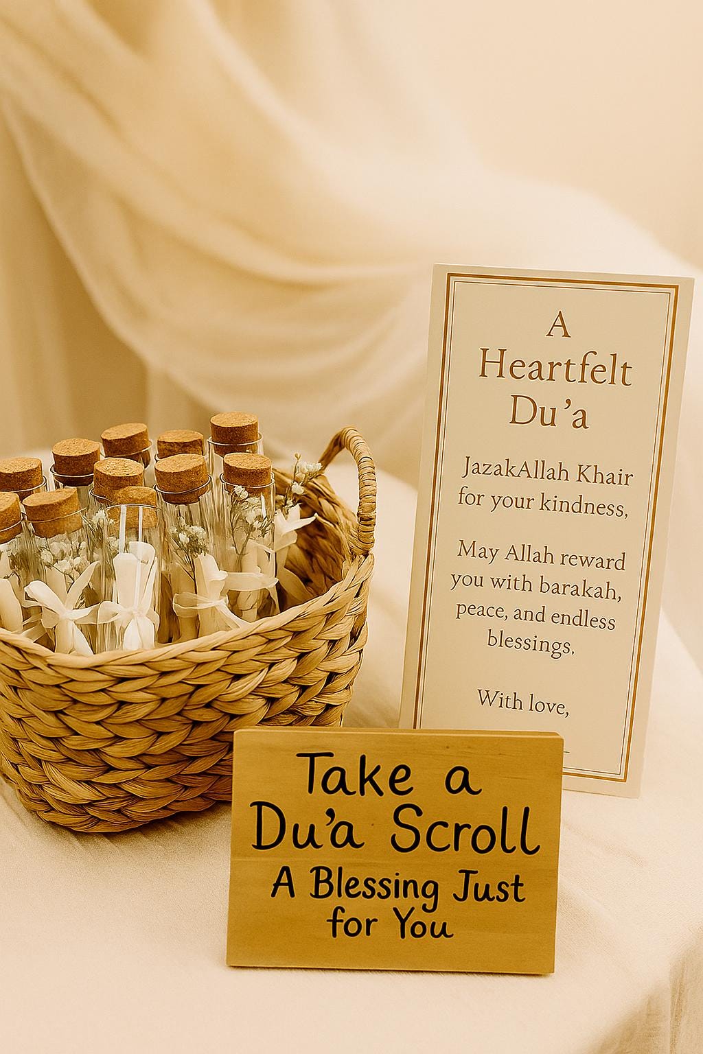 Islamic Wedding Favor: Du'a Scroll in Glass Tube with Baby's Breath