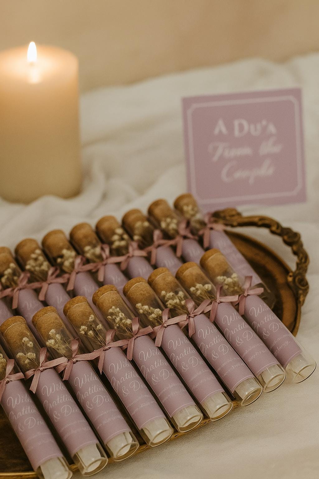 Lilac Islamic Wedding Favor: Du'a Scroll in Glass Tube
