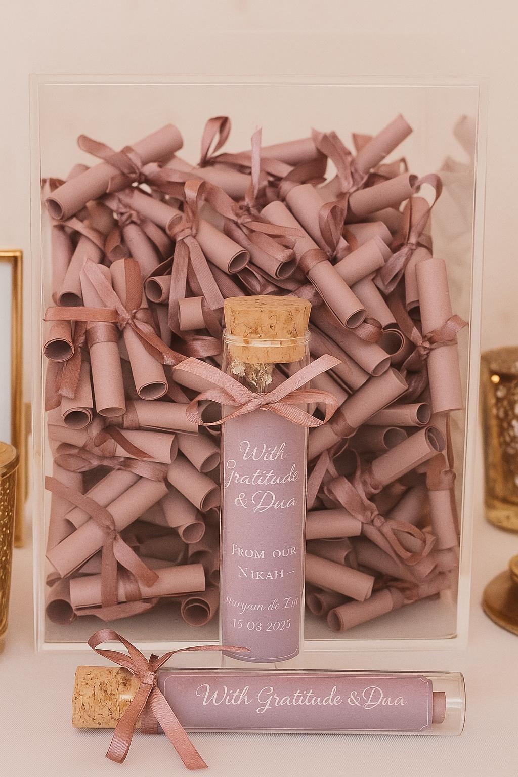 Lilac Islamic Wedding Favor: Du'a Scroll in Glass Tube