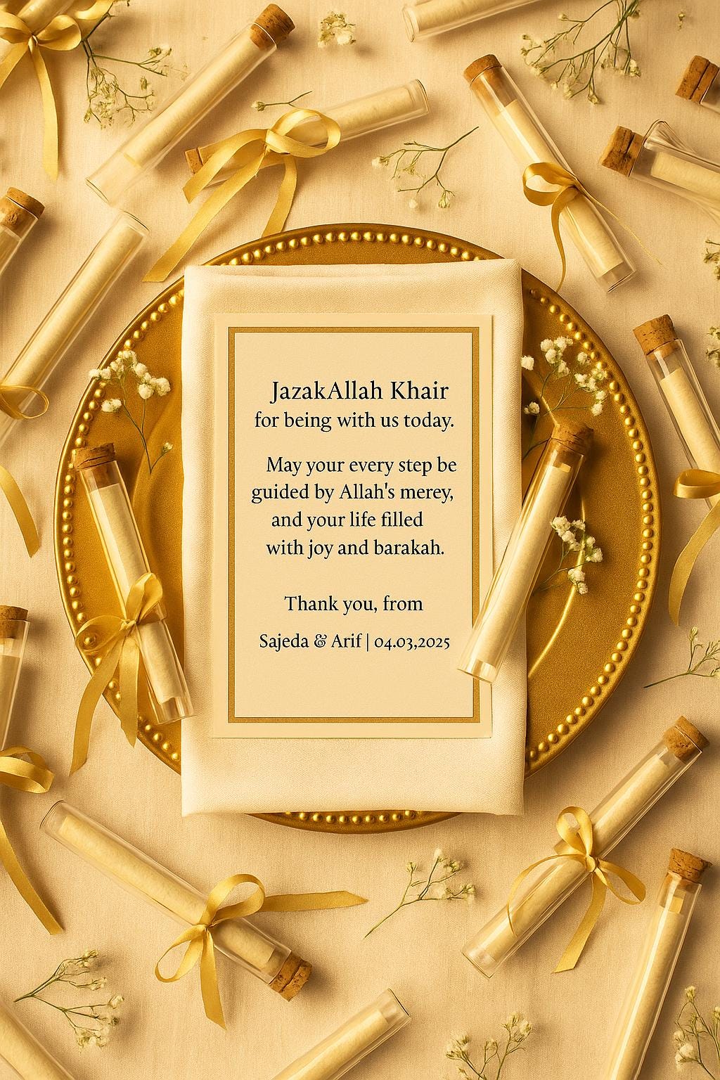Gold Islamic Wedding Favor: Dua Scroll Keepsake with Ribbon