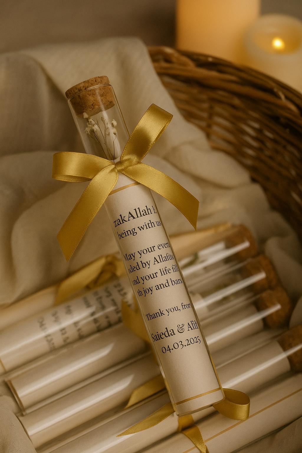 Gold Islamic Wedding Favor: Dua Scroll Keepsake with Ribbon