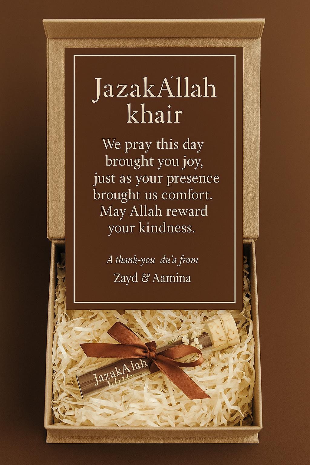 Islamic Wedding Favor: Dua Scroll in Glass Tube with Brown Ribbon