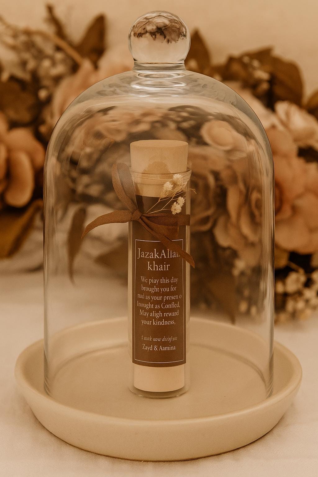 Islamic Wedding Favor: Dua Scroll in Glass Tube with Brown Ribbon