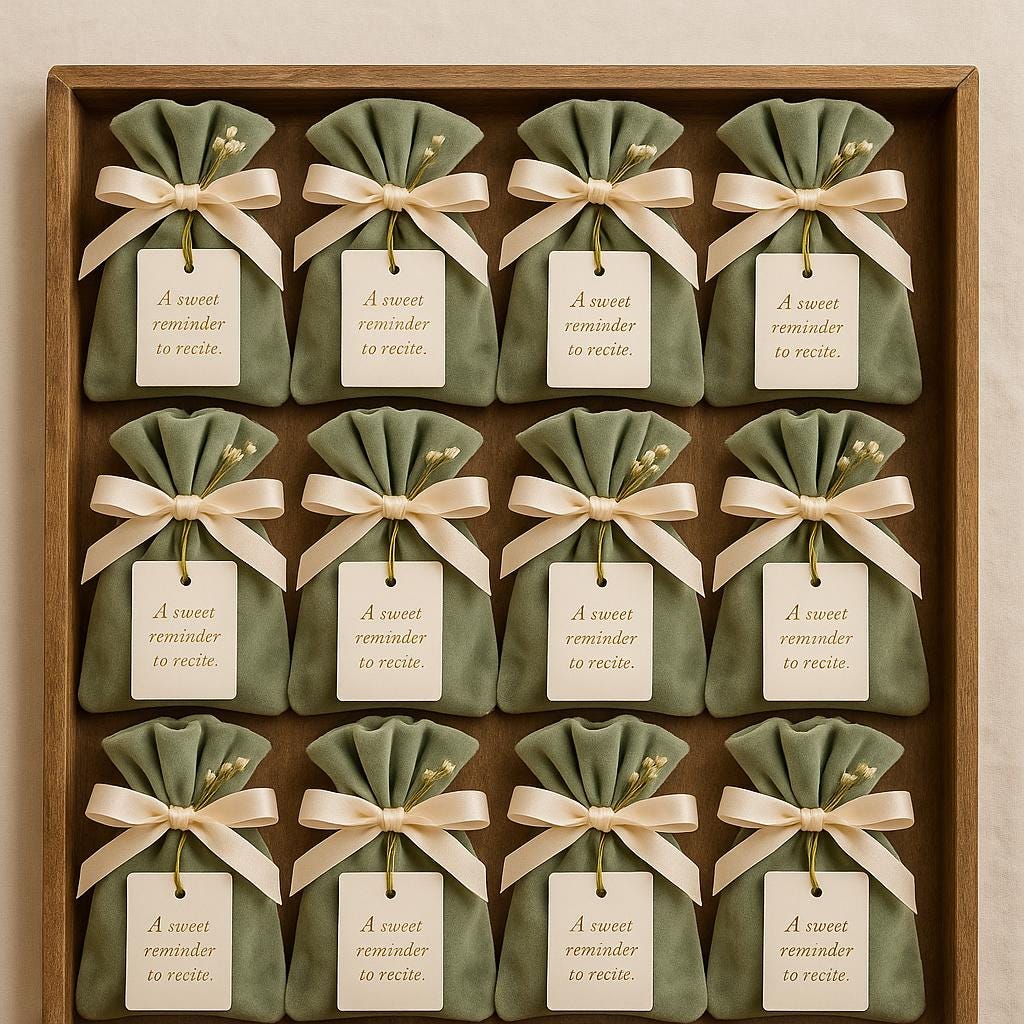 Islamic Wedding Favor: Velvet Pouch, Eucalyptus Foot Soak & Custom Tag
