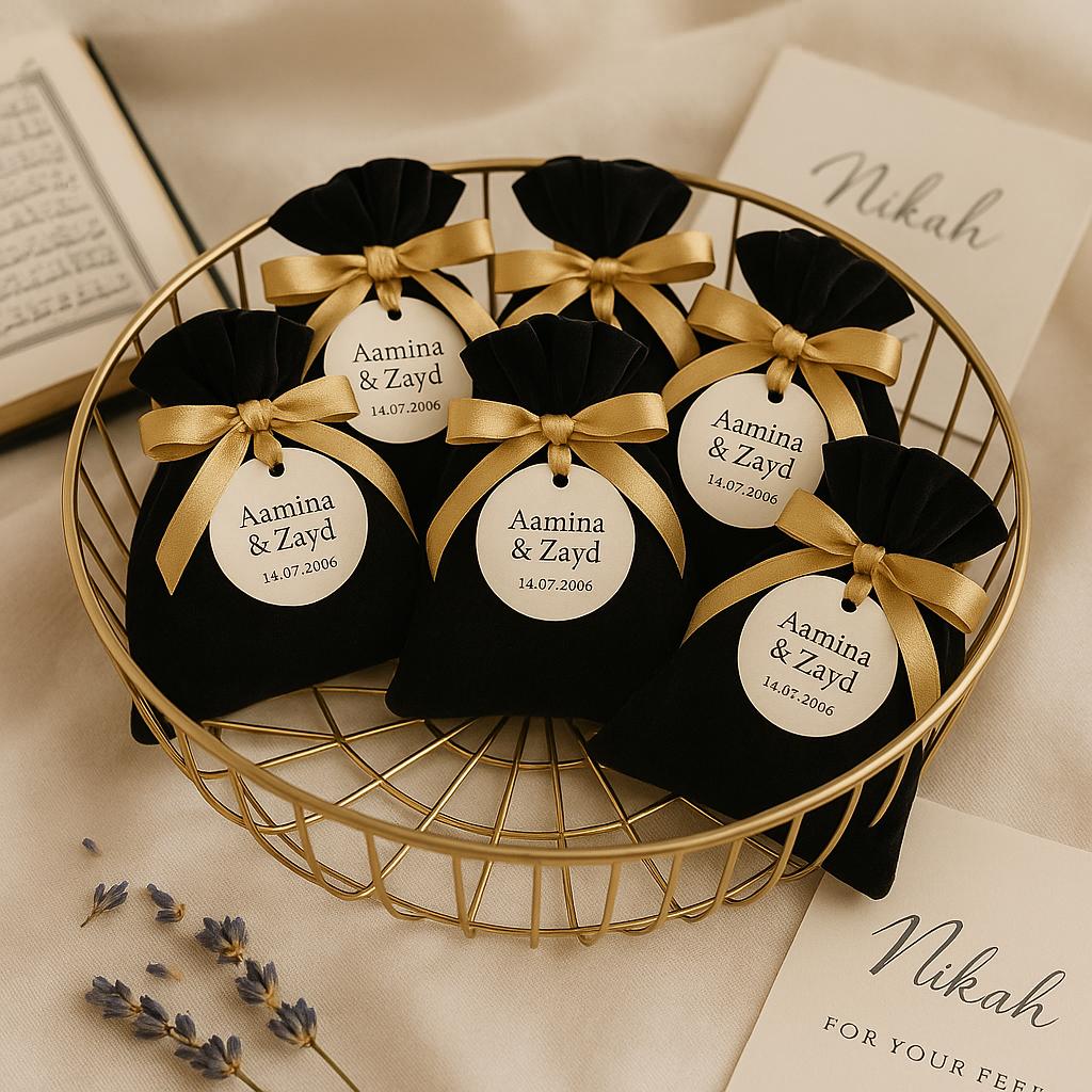 Islamic Wedding Favor: Velvet Pouch, Eucalyptus Foot Soak & Custom Tag