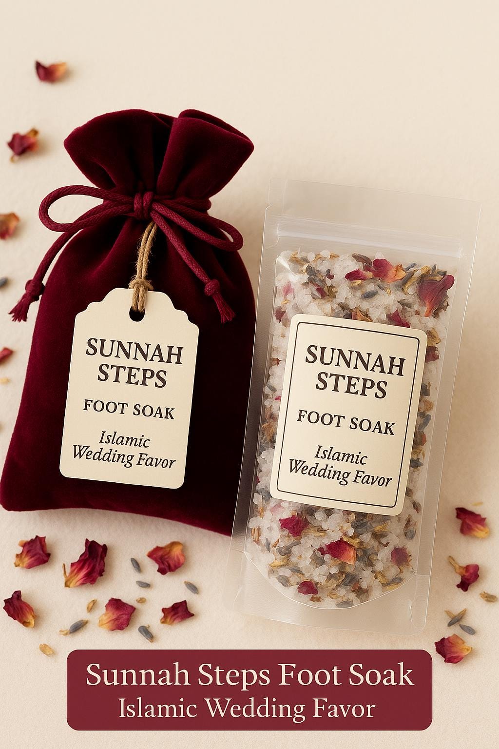 Islamic Wedding Favor: Velvet Pouch, Eucalyptus Foot Soak & Custom Tag