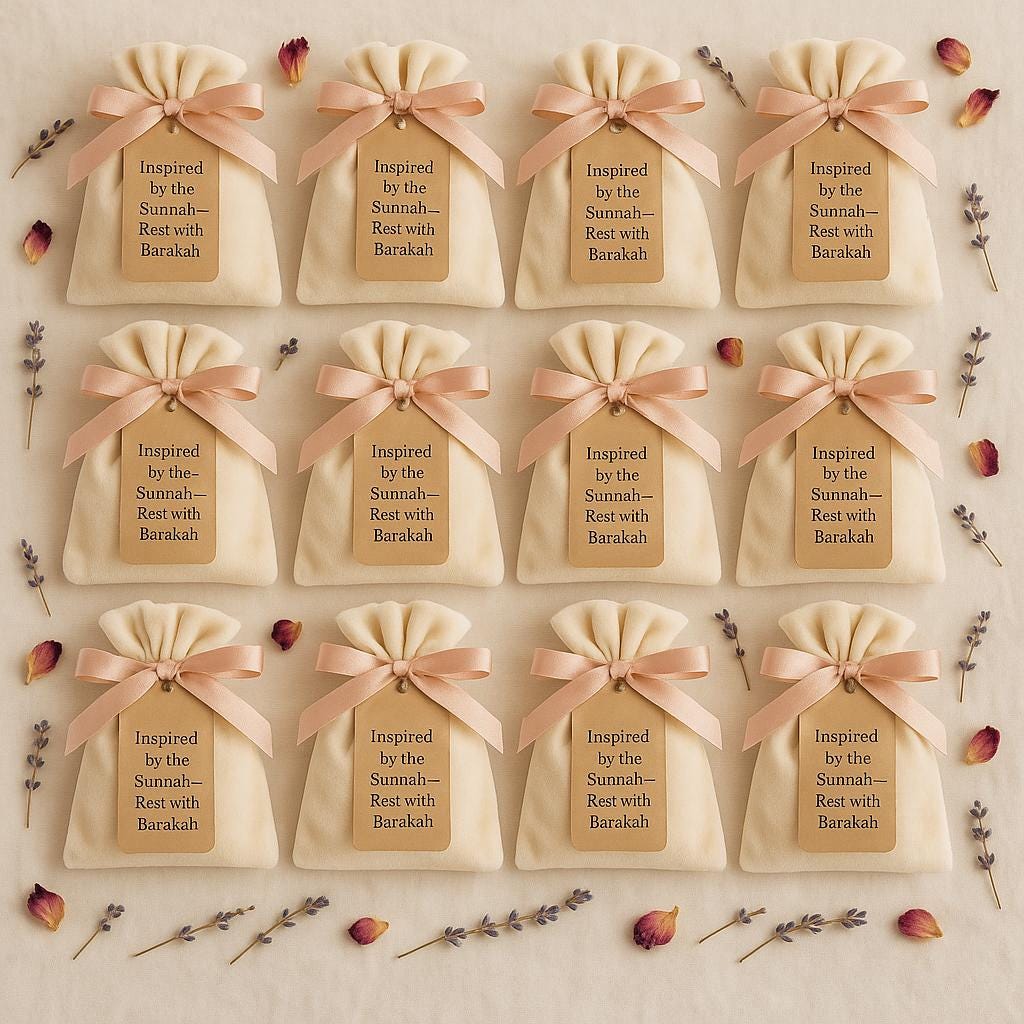 Islamic Wedding Favor: Velvet Pouch, Eucalyptus Foot Soak & Custom Tag