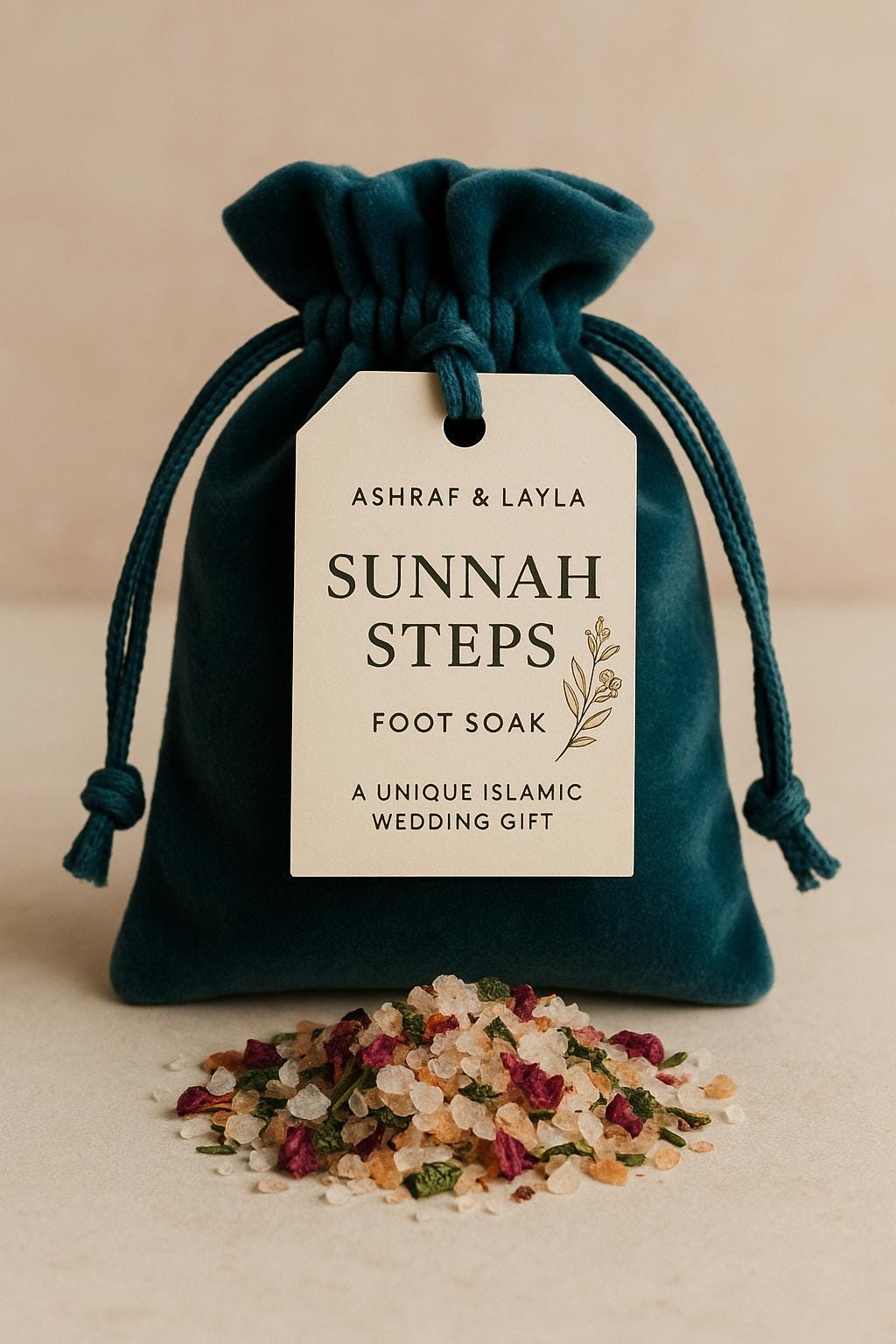 Islamic Wedding Favor: Velvet Pouch, Eucalyptus Foot Soak & Custom Tag