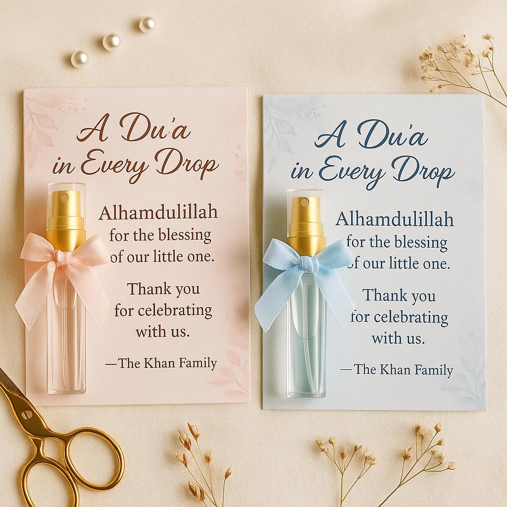 Islamic Baby Shower Favor Card: Perfume Bottle Keepsake
