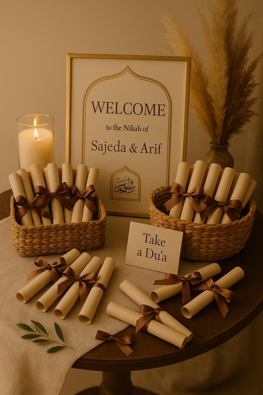 Islamic Wedding Favor Scroll: Bismillah Dua, Kraft Gold Arch (Printable Option Available)