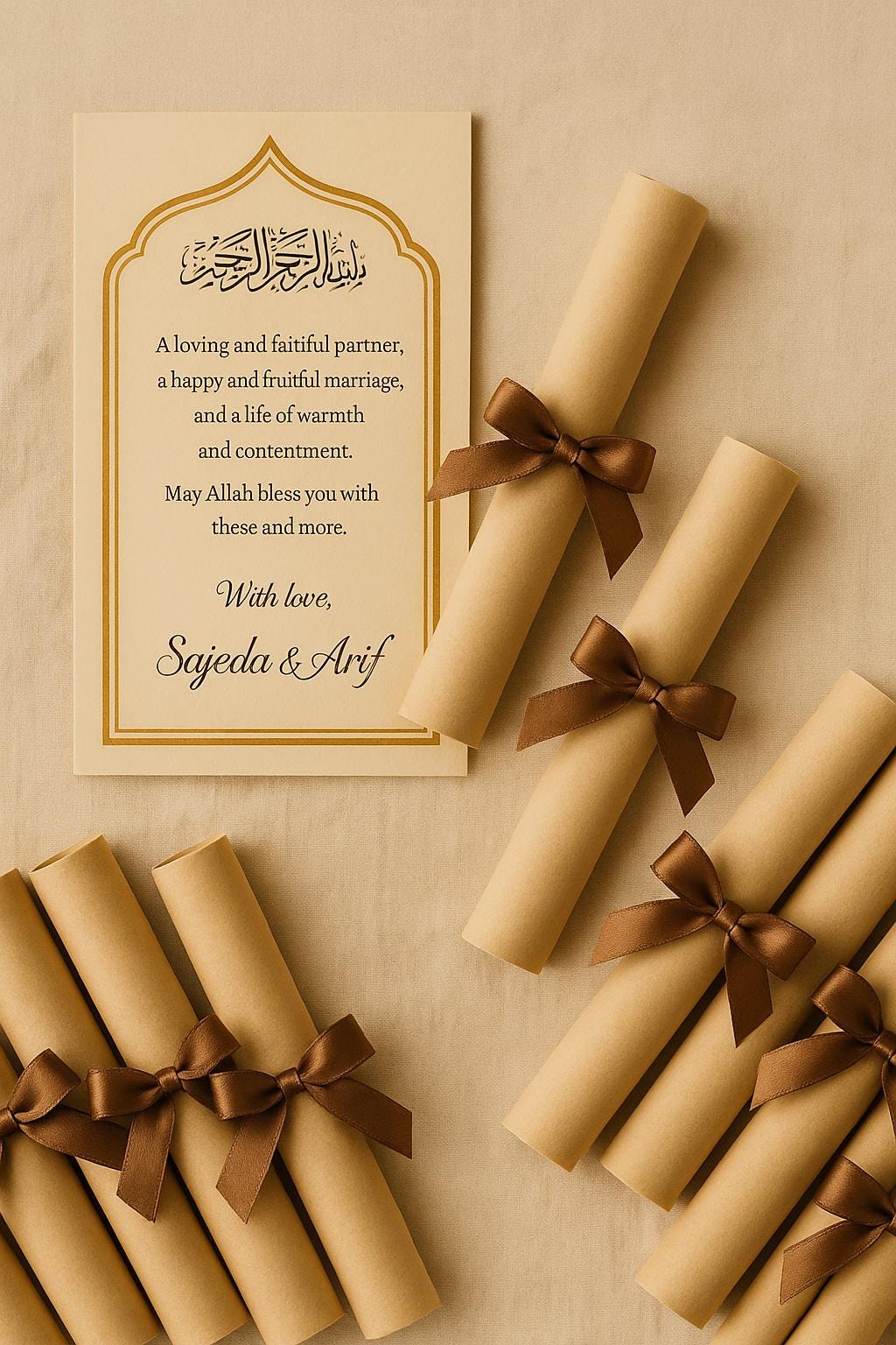 Islamic Wedding Favor Scroll: Bismillah Dua, Kraft Gold Arch (Printable Option Available)