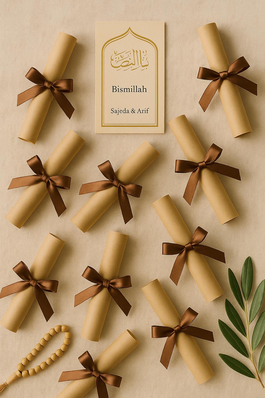 Islamic Wedding Favor Scroll: Bismillah Dua, Kraft Gold Arch (Printable Option Available)