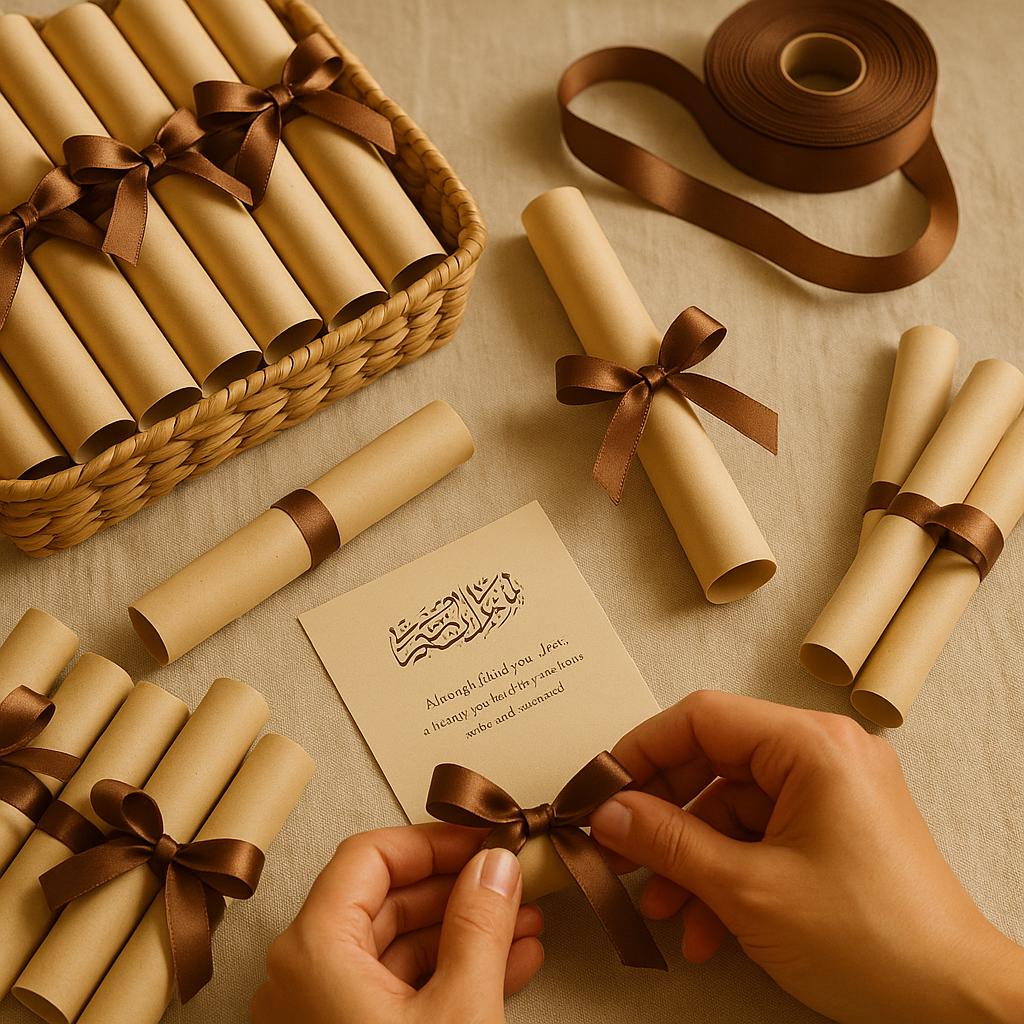 Islamic Wedding Favor Scroll: Bismillah Dua, Kraft Gold Arch (Printable Option Available)