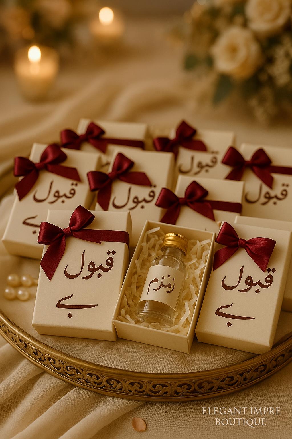 Zamzam Water Wedding Favor – Islamic “Qabool Hai” Gift Box