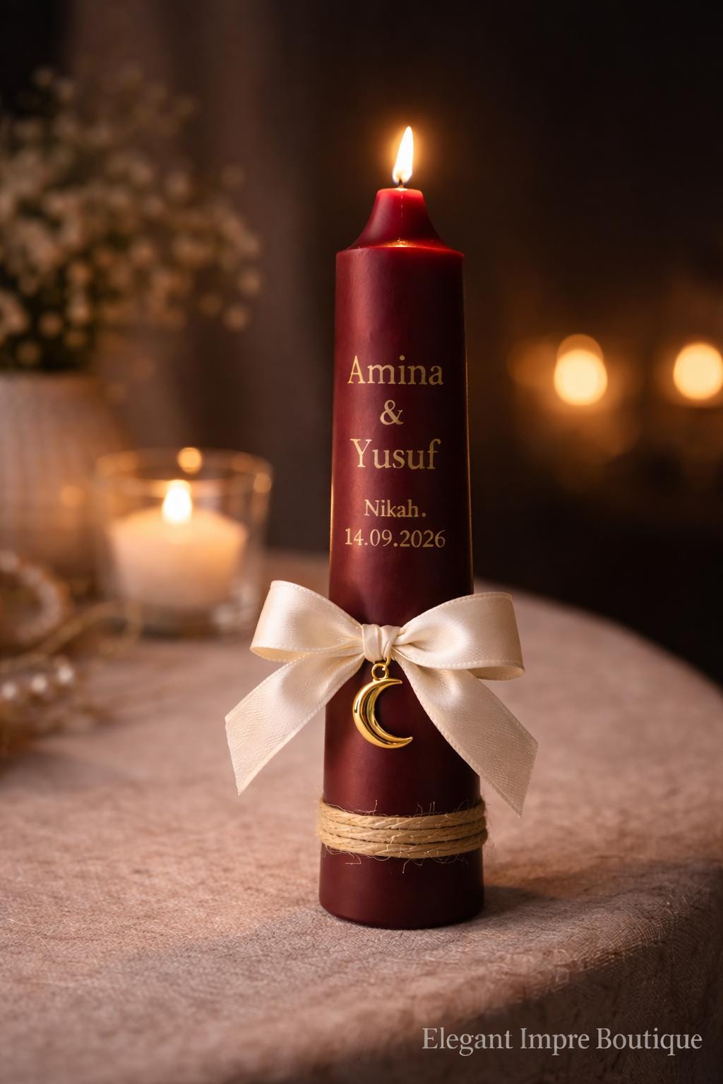 Personalized Maroon Nikah Candle Favors | Islamic Wedding Keepsake