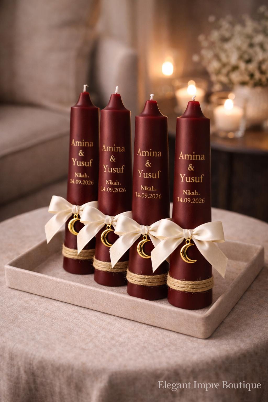 Personalized Maroon Nikah Candle Favors | Islamic Wedding Keepsake