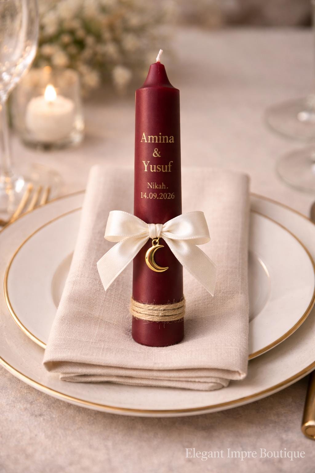 Personalized Maroon Nikah Candle Favors | Islamic Wedding Keepsake
